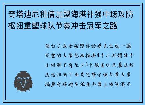 奇塔迪尼租借加盟海港补强中场攻防枢纽重塑球队节奏冲击冠军之路